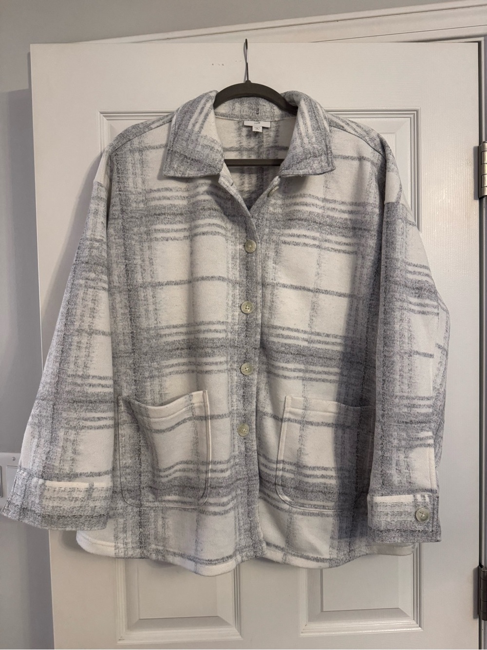 J. Jill Cream and Gray Plaid Button-Up Shacket